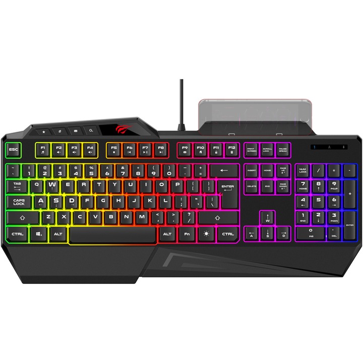Клавиатура Gaming HAVIT KB488L, USB, 108 клавиша, Rainbow осветление, 19 клавиша anti-ghosting, English Layout, Поддръжка на смартфони, Черен
