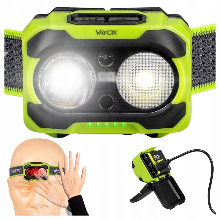 Vayox VA0361 LED челник, TwinBeam, 600lm, IP44, Li-ION 1200mAh, 10 часа работа, Здрав корпус, 6 режима, Черен/Зелен