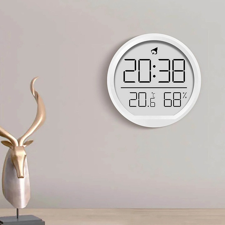 Ceas digital de perete, afisaj temperatura si umiditate, alb, silentios