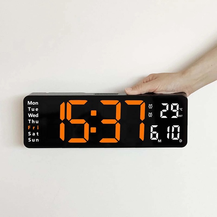 YANYXR 13 hüvelykes digitális óra, hőmérséklet, dátum, automata fényerő, narancssárga