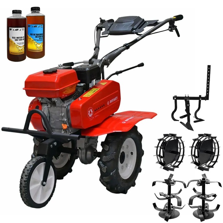 Motosapa Rotakt Junior RO70SS, motor 7CP, benzina, 2+1 viteze, latime lucru 56-83 cm, freze, roti cauciuc 4.00-8", roti metal, cultivator, 2l ulei