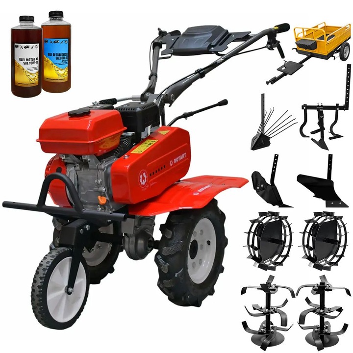 Motosapa Rotakt Junior RO70SS, motor 7CP, benzina, 2+1 viteze, latime lucru 56-83 cm, freze, roti cauciuc 4.00-8", roti metal, plug arat, rarita reglabila, plug cartofi, cultivator, remorca, 2l ulei