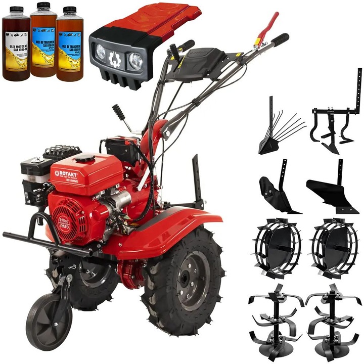 Motocultor Rotakt Gardian RO110RVE cu kit de capotare, pornire electrica, motor 8CP, 2+1 viteze, latime lucru 56-90 cm, freze, roti cauciuc 5.00-8", roti metal, plug arat, rarita reglabila, plug cartofi, cultivator, 3l ulei