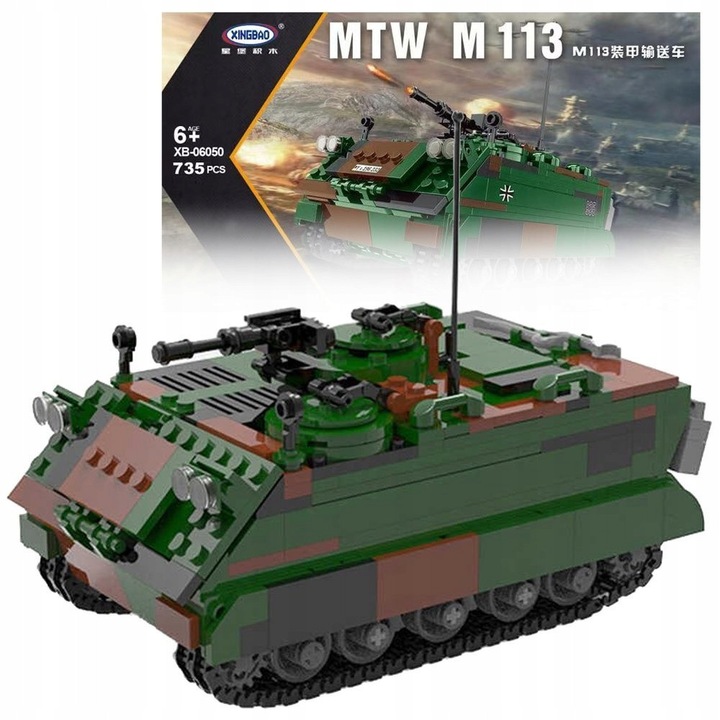 M113 téglából készült katonai jármű – 1:30 méretarányú, 735 darab, mozgó lánctalp, motortér, bőrönd típusú doboz