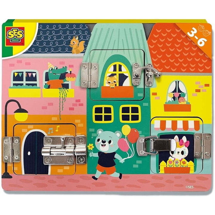 Interaktív tábla zárakkal, SES Creative, 25x20cm, fa, többszínű, 3 éves kortól