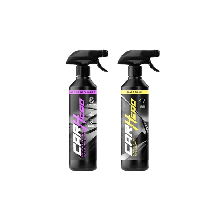 Pachet Solutie Regenerat Plastic & Cauciuc + Solutie Profesionala pentru Curatarea Parbrizului si Geamurilor, New Look Plastics™ + Glass Shine, Car Hero, 500ml, Protectie UV, Luciu Intens, Detailing Auto, Interior & Exterior