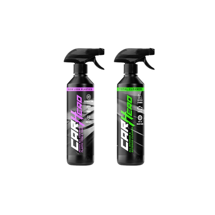 Pachet Profesional Detailing Auto – New Look Plastics™ & Total Cleaner, Car Hero, 500ml – Regenerare Plastic si Cauciuc + Curatare Generala si Indepartare Pete, Protectie UV, Restaurare si Intretinere Interior & Exterior