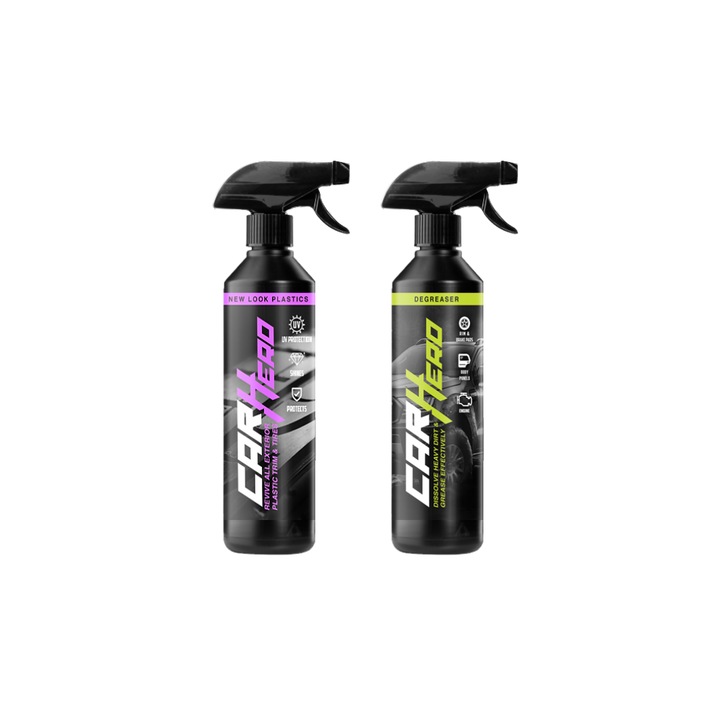 Pachet Profesional Detailing Auto – New Look Plastics™ & Degreaser, Car Hero, 500ml – Regenerare Plastic si Cauciuc + Prespalare Caroserie, Eliminare Grasimi Intarite si Murdarie Persistenta, Protectie UV si Intretinere de Lunga Durata
