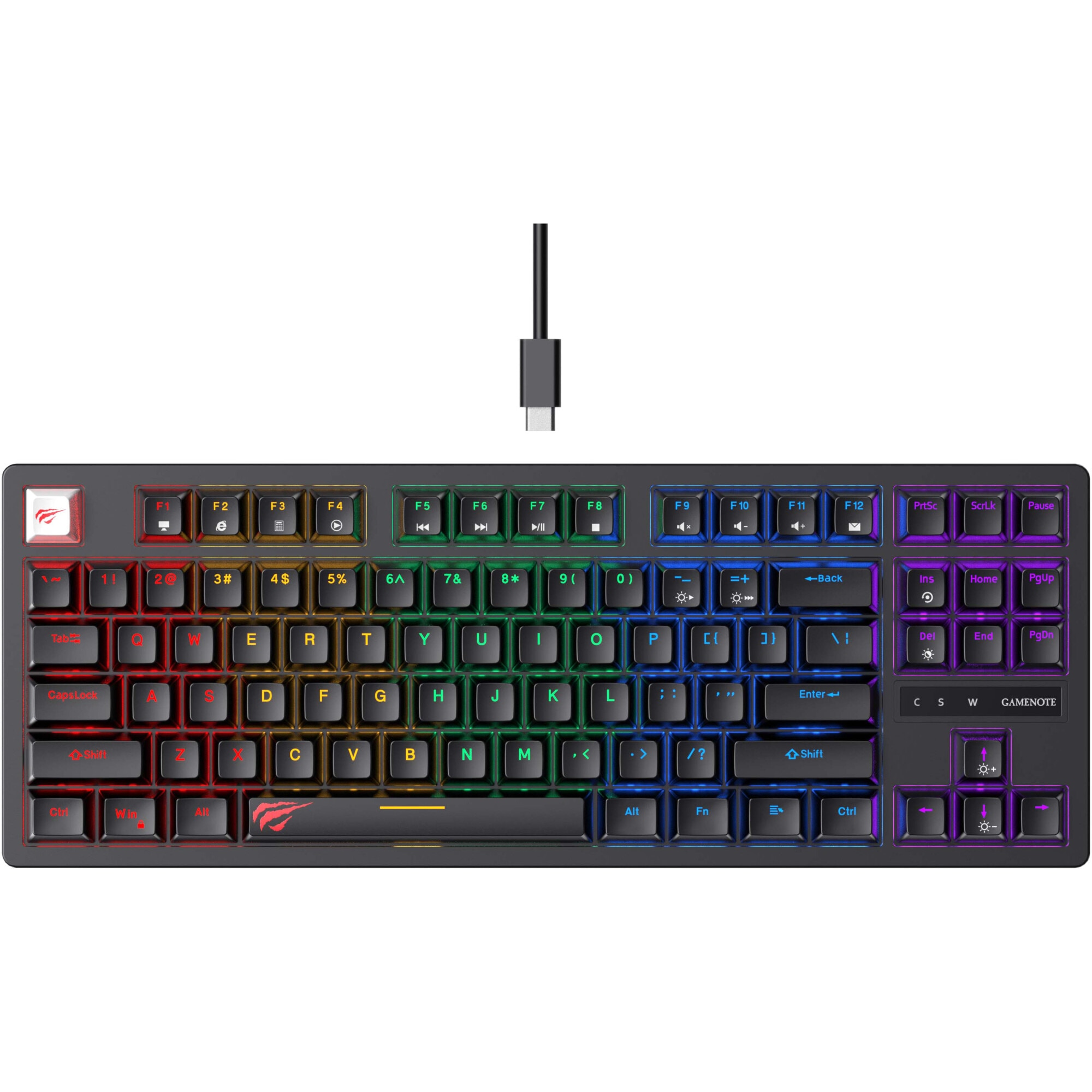 Tastatura gaming HAVIT KB892L, 87 taste, full anti-ghosting, 19 moduri de iluminare, US Layout, switch-uri Blue, Conectare type C, Negru