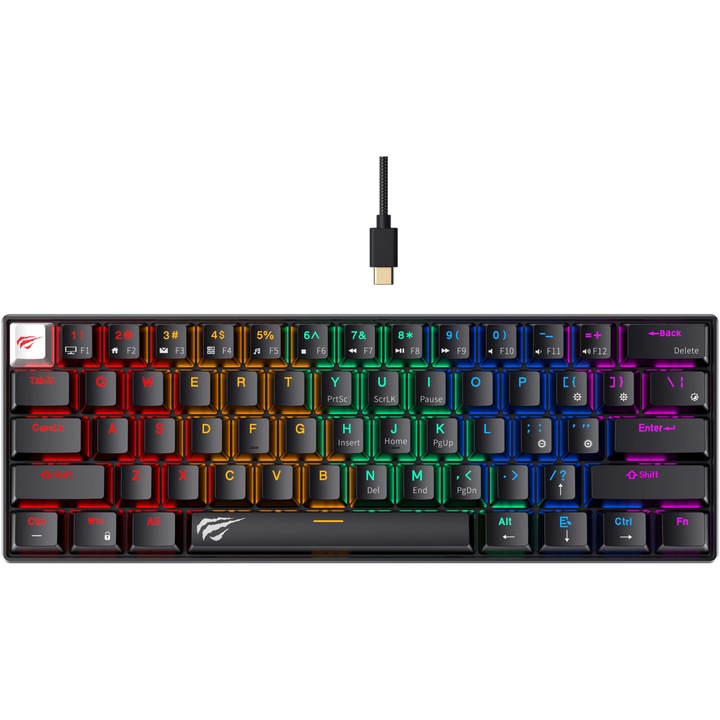 Механична геймърска клавиатура HAVIT KB903L, 61 клавиша, пълна защита от ghosting, US Layout, червени превключватели, Type C конектор, черна