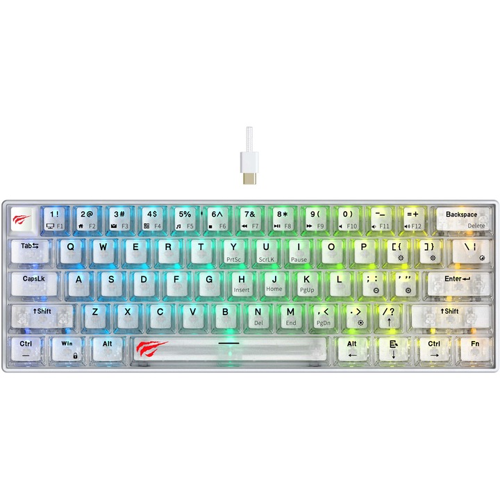 Механична геймърска клавиатура HAVIT KB903L, RGB, 61 клавиша, пълна защита от ghosting, US Layout, червени суичове, Type C конектор, бяла, прозрачна