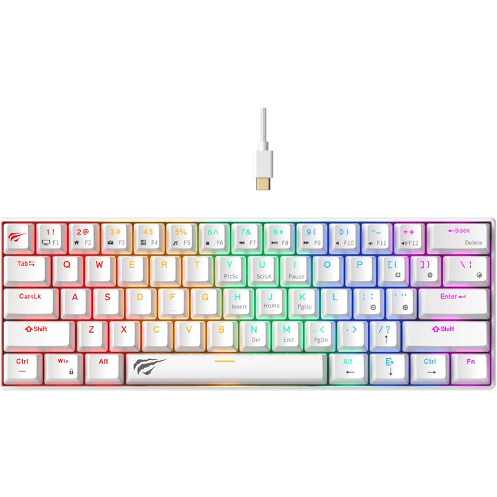 Tastatura gaming mecanica HAVIT KB903L, 61 taste, full anti-ghosting, US Layout, switch-uri Red, Conectare type C, Alb