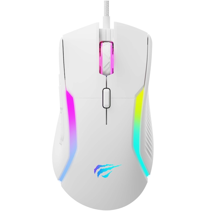 Mouse gaming HAVIT MS1033, RGB, 8000 dpi, 9 butoane, butoane macro, greutate ajustabila, USB, Alb