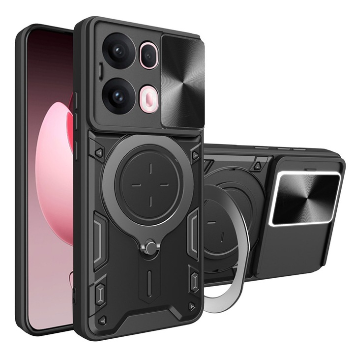 Кейс за Oppo Reno 13 Pro със защита на камерата и вграден магнитен държач Ring Shockproof Черен
