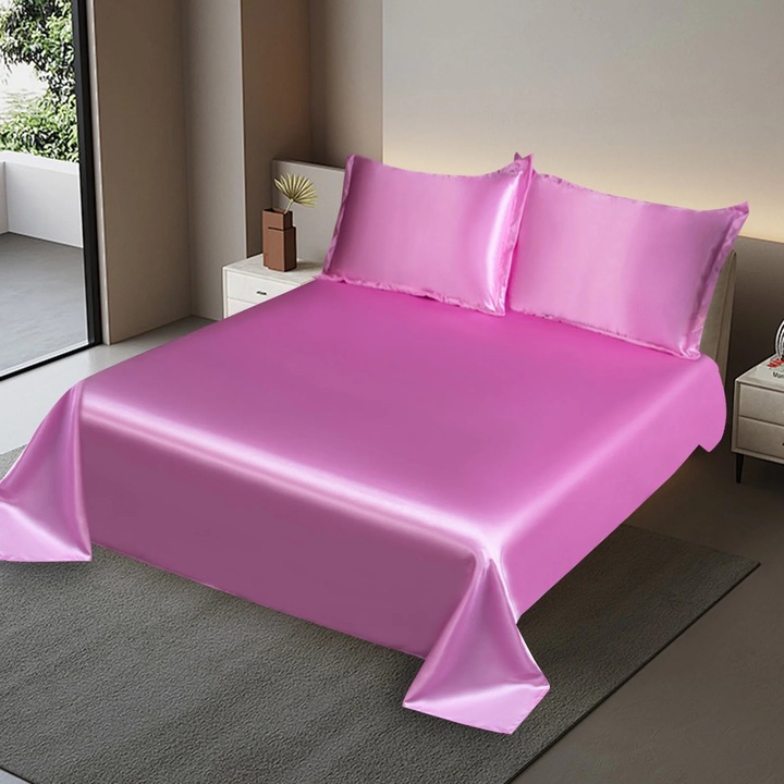 Set lenjerie pat 3 piese, matase rece, roz, 230x250cm