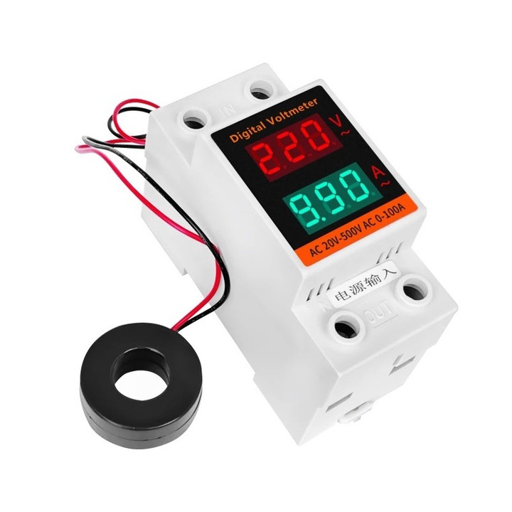 Voltampermetru digital AC 220V/380V cu afisaj LED pentru panou electric, montare pe sina DIN
