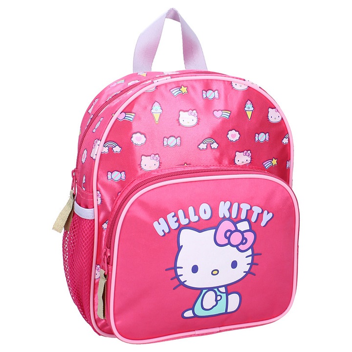 Gyerek hátizsák, 29x23x10 cm, két rekesszel, oldalzsebekkel, többszínű, ergonomikus pántokkal, megerősített és állítható, Follow The Rainbow, Hello Kitty