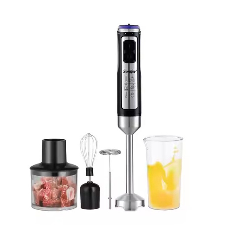 Ръчен пасатор 5 в 1, 400 W, син LED индикатор, 2 скорости и турбо режим, с мерителна чаша 700 мл, мелачка за месо 500 мл, разбивач за яйца, разпенител за мляко, черен