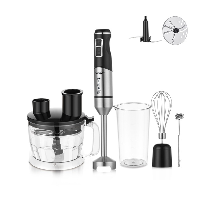 7 в 1 електрически блендер, 1200 W, 2 скорости и турбо режим, многофункционален, с електрически миксер от неръждаема стомана, бъркалка за яйца, чопър и стъклен контейнер, отличен за приготвяне на зеленчуци, месо, смутита, сосове