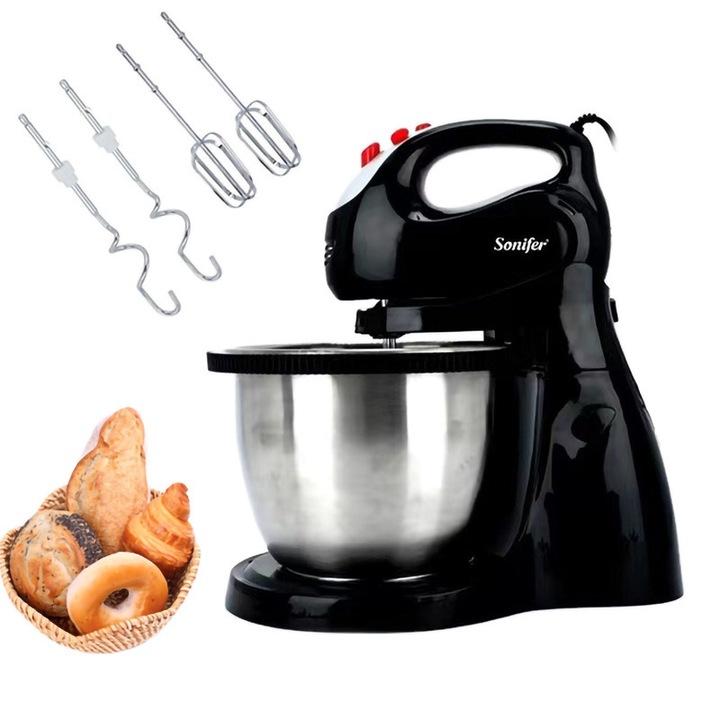 Електрически миксер 2 в 1, преносим и за монтаж на стойка, 250 W, с купа от неръждаема стомана 3 л, 5-степенна турбо функция, миксер за яйца, с 2 куки за тесто и 2 бъркалки, за кухнята за печене на кексове