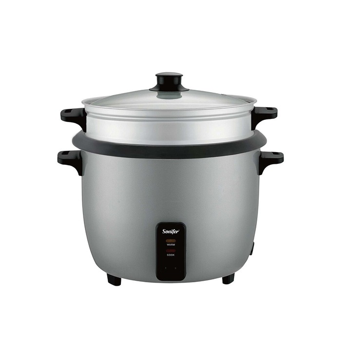 Електрическа оризоварка, преносима, 500 W, 3 л, кръгло тяло, с пара, управление с един бутон, автоматично поддържане на топлината, сива
