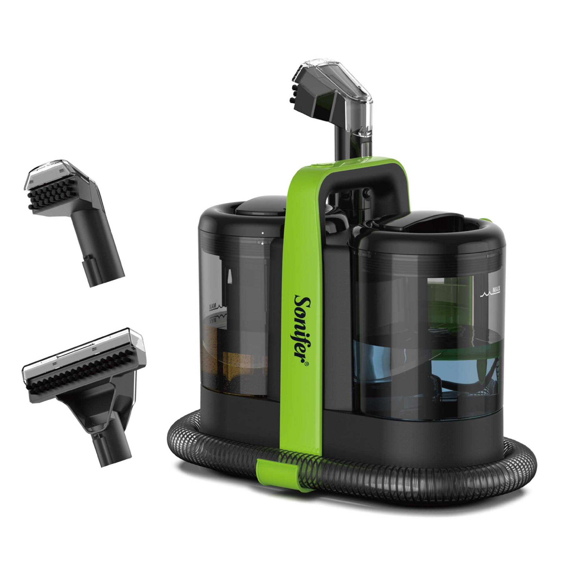Solutie pentru curatarea covoarelor, Sonifer, 11Kpa, 450W, Curatator portabil pentru pete si tapiterie pentru covoare, Comutator cu o singura cheie, 2 perii diferite, cu maner, pentru pete de animale de companie, canapea, scaun auto, mobilier, negru/verde