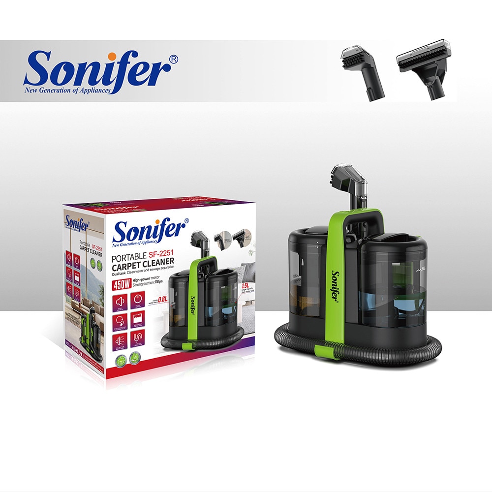 Solutie pentru curatarea covoarelor, Sonifer, 11Kpa, 450W, Curatator portabil pentru pete si tapiterie pentru covoare, Comutator cu o singura cheie, 2 perii diferite, cu maner, pentru pete de animale de companie, canapea, scaun auto, mobilier, negru/verde