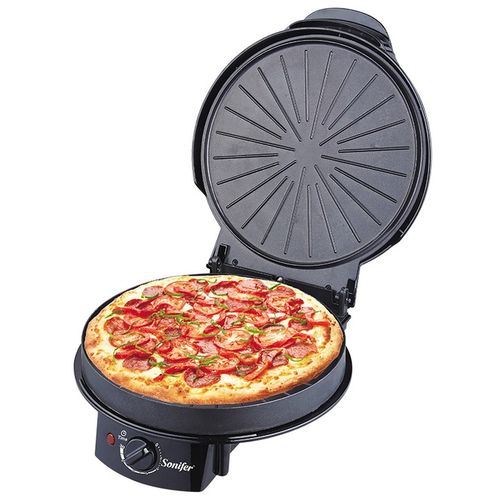 Elektromos pizzasütő, 12 hüvelyk, 1500 W, időzítővel, tapadásmentes bevonatú sütőlap, könnyen tisztítható, jelzőfény, fekete