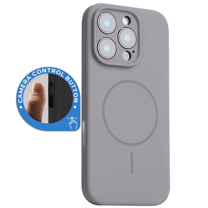 Husa MagCase pentru iPhone 16 Pro Max, Silicon Premium, SoftTouch, Magnetica, compatibila cu accesorii MagSafe, buton Camera Control, Stone Gray