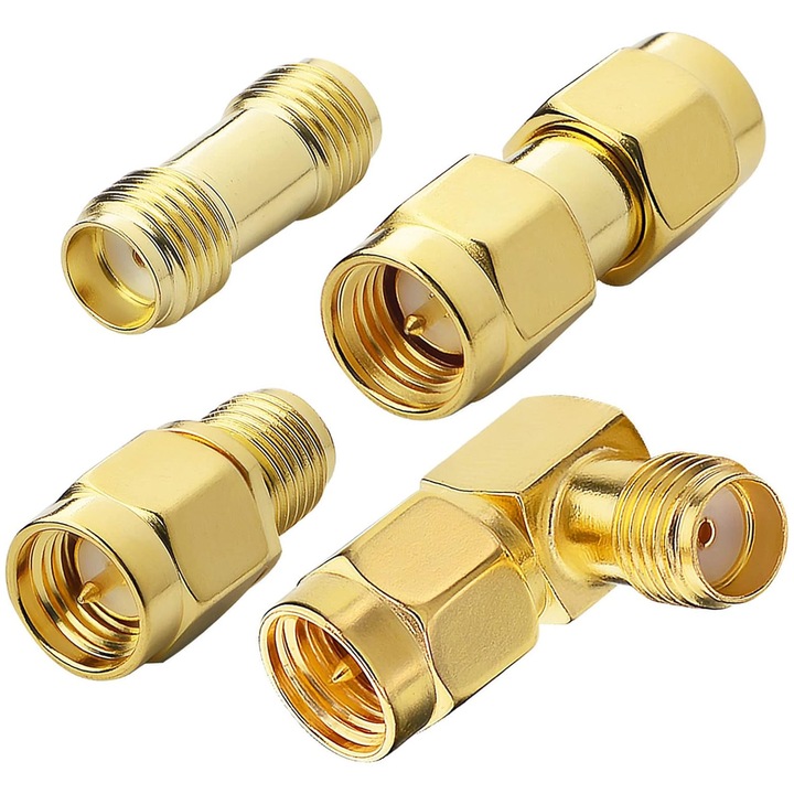 Set 4 adaptoare SMA, TREXORA, conectoare de inalta frecventa, rezistent la interferente, auriu