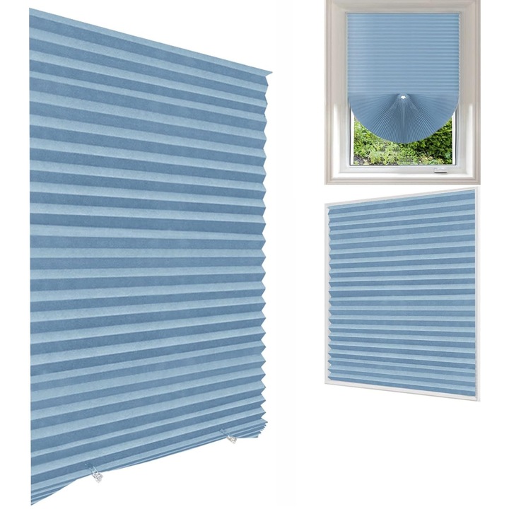 Jaluzea tip rulou, Hggzeg, Jaluzea tip evantai, Semi-opaca, Cu sistem de prindere autoadeziv, cleme fixare, Fara gaurire, Usor de montat, Pentru fereastra dormitorului, baie, bucatarie, Netesut/PVC, 60*150cm, Albastru