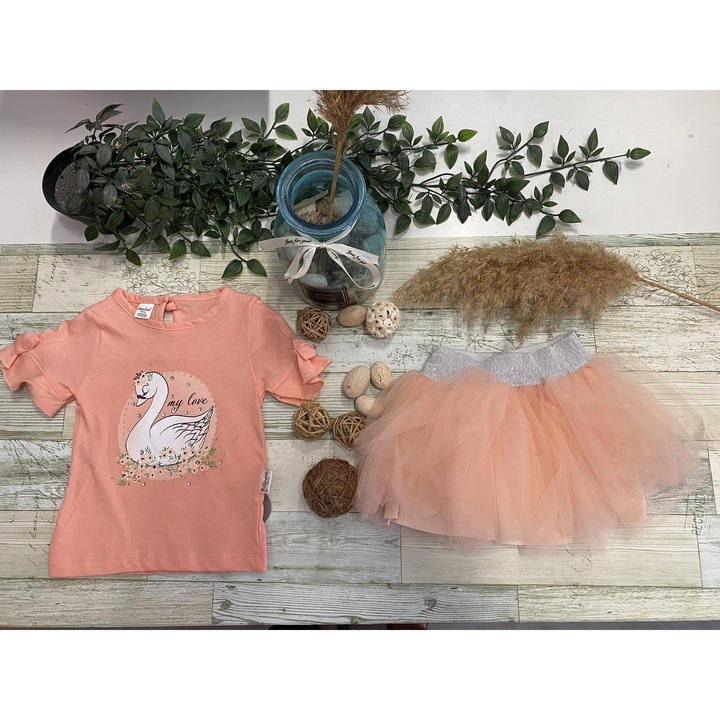 Compleu copii, Donino Baby, tricou maneca scurta si fusta, 6-12 luni, bumbac, roz