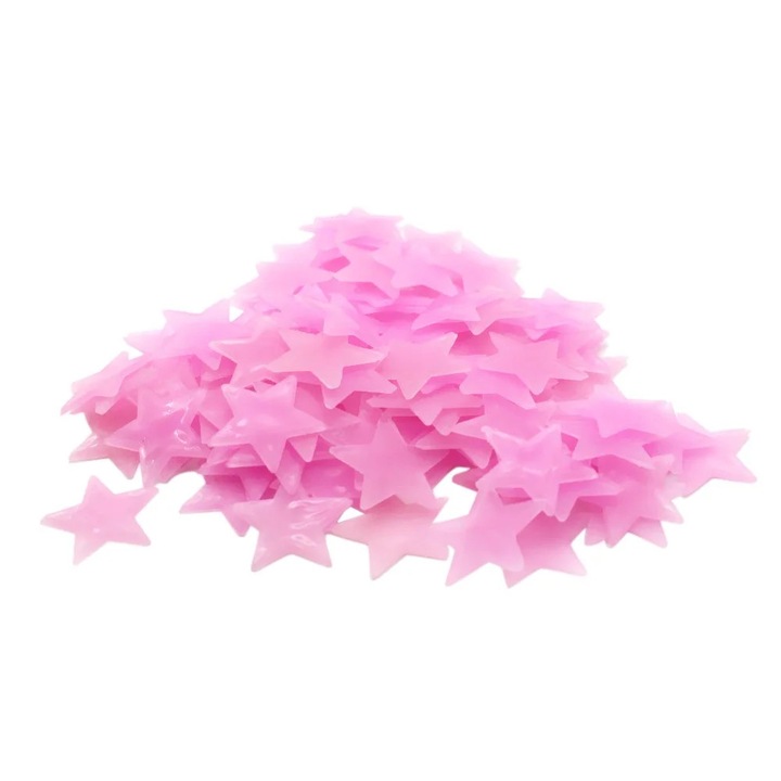 Autocolante de perete fosforescente ZYBLSSBB LSM2xh6525-BCS0009081-2, forma de stea, plastic, roz, 20 buc, aprox. 3 x 3 cm