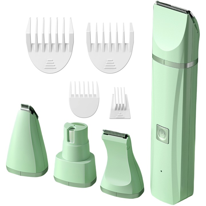 Тример за домашни любимци, подходящ за котки, кучета, безшумен, 4 глави с ножчета, 4 гребена за ограничаване на нагряването, за косми по цялото тяло / лак за нокти / косми от лапи / местни косми, безопасен, дълготраен, зелен