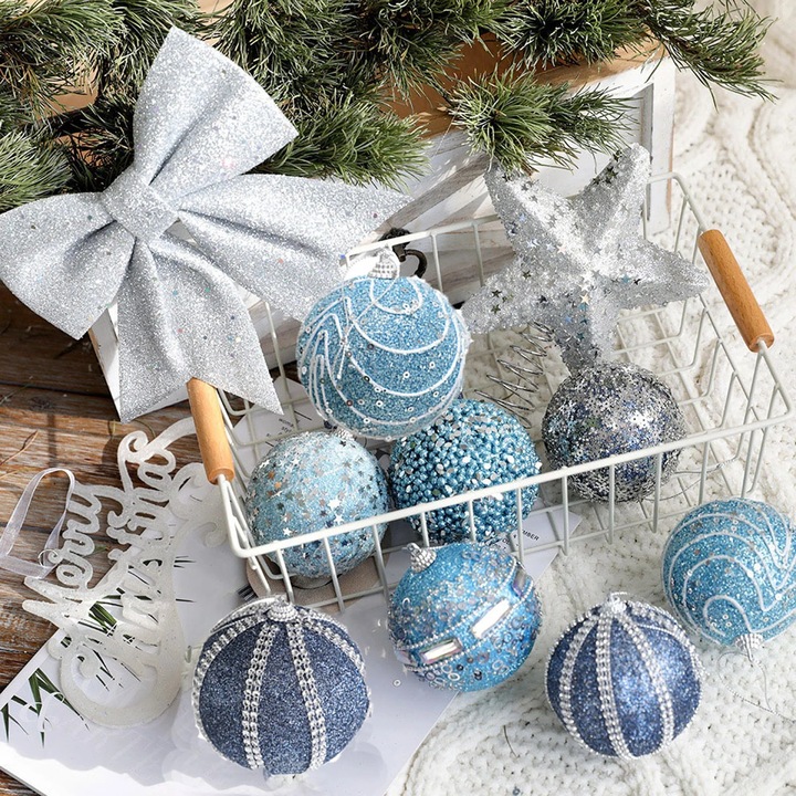 Комплект от 6 сини коледни топки с различни дизайни, декоративни аксесоари за коледната елха