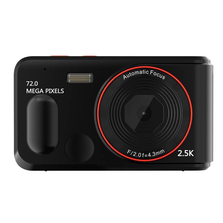 Digitális kamera, 2,4 hüvelykes képernyő, 2,5K HD videó, 16x digitális zoom, MP3 képesség, 72 MP felbontás, 750 mAh akkumulátor, autofókusz, fekete
