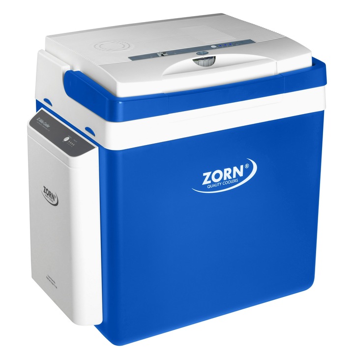 Lada frigorifica auto si camping ZORN Z 26 LNE, 25 litri, alimentare 12V/230V + acumulator extern Li-ion 7.8 Ah, racire-incalzire, alb-albastru