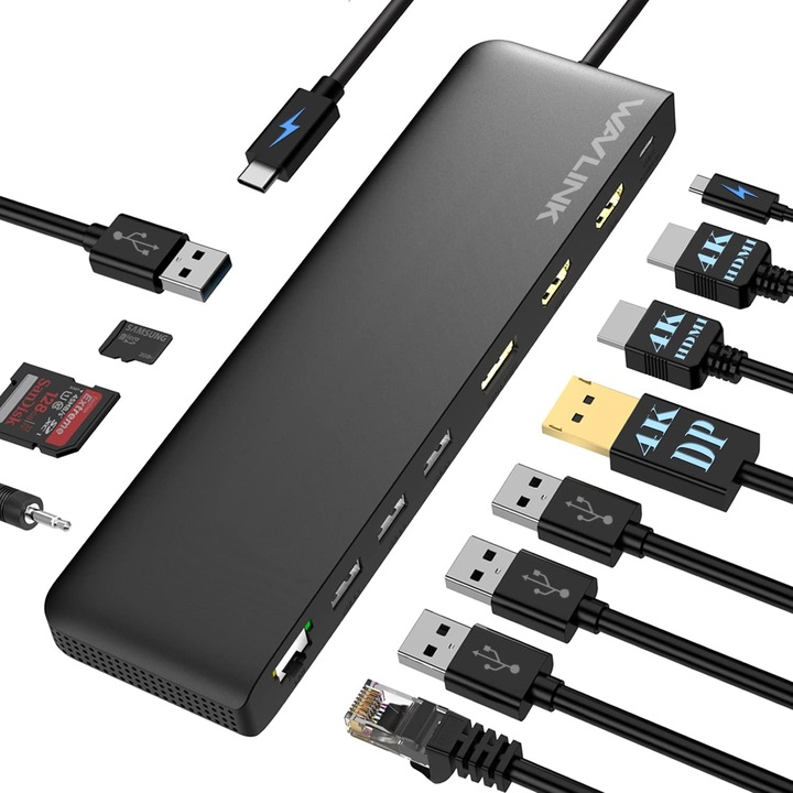 Докинг станция, 12 в 1 WAVLINK Hub, разширете до 3 монитора с DisplayPort 4k DP, 2 x HDMI, Gigabit Ethernet, 100 W PD, 3 USB 3.0 порта, 1 x USB 3.0 BC 1.2, SD/TF, Audio/Mic, за Windows 7/8/10/11, Mac OS X