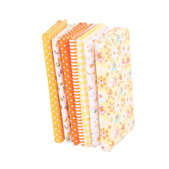 Set 7 Tesaturi din bumbac pentru patchwork, 25 x 25 cm, Diverse imprimeuri, Portocaliu