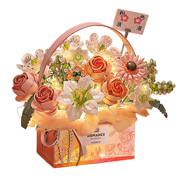 Set flori pentru constructie tip LEGO, buchet in cos portabil, cutie cadou cu trandafiri, multicolor, potrivit pentru adulti si copii, cadou ideal de Ziua Mamei, 26x16,5x24 cm