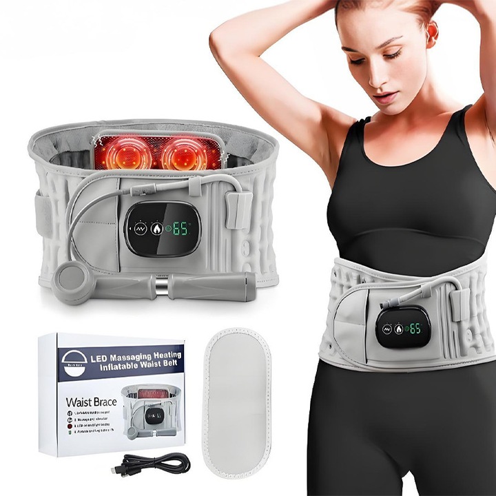 Centura de masaj premium pentru spate si talie, centura profesionala de decompresie lombara, 3 moduri de incalzire, terapie calda, 3 viteze de masaj, vibratie cu lumina rosie, dureri menstruale