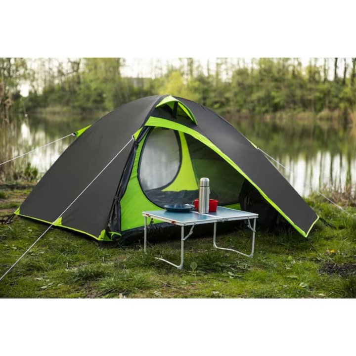 VarioShop® 2 személyes kempingsátor, vízálló, könnyen összeszerelhető, szellőző és kompakt, ideális túrázáshoz és kirándulásokhoz, fekete/zöld