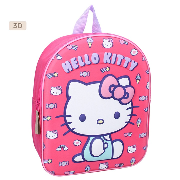 3D gyerek hátizsák, 32x26x11 cm, egy rekeszes, sokszínű, ergonomikus pántokkal, megerősített és állítható, Other Dimension, Hello Kitty