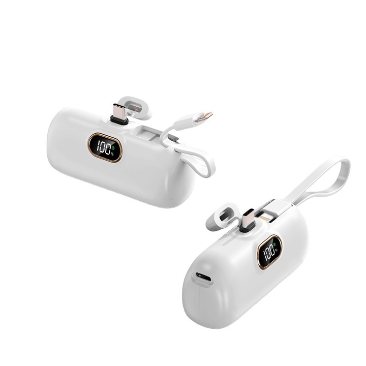 Външна батерия, Мини банка, Бързо зареждане, Интерфейс за iPhone Type-C, Индикатор за ниво на батерията, 5000 mAh, Ултрапреносима, Type-C, Бяла