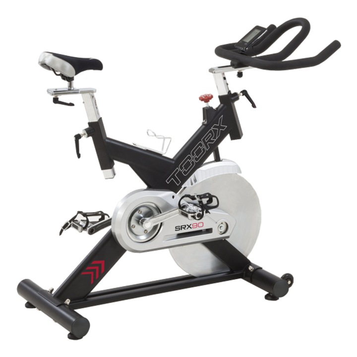 Bicicleta spinning TOORX SRX-90, volanta 24 kg CNC, utilizator 140 kg, frana cu tampon, transmisie pe cinghie, ghidon si sa reglabile, monitor LCD cu puls
