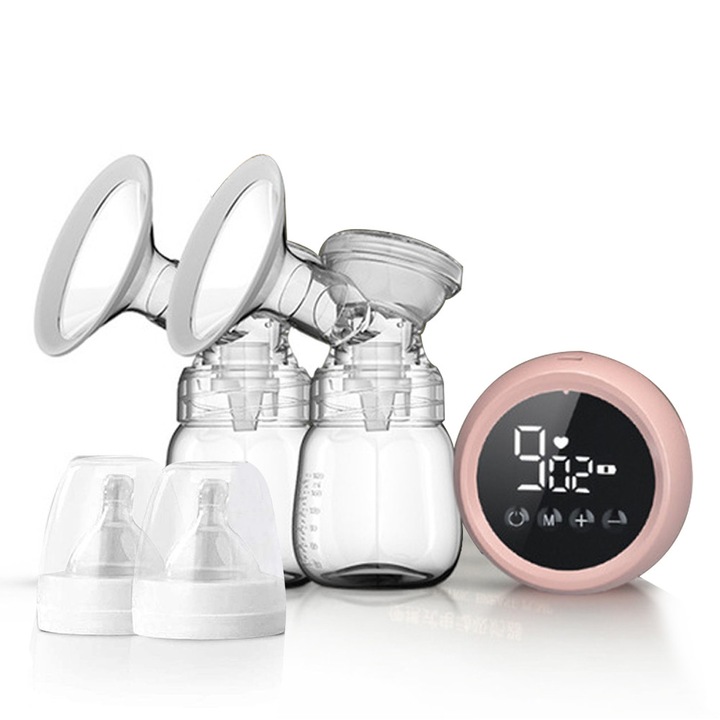 Pompa de san electrica dubla, 180ml, roz, 1200mAh, portabila, cu ecran LCD