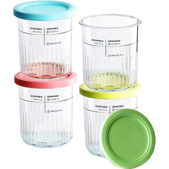 Set 4 borcane cu capac, Ulisem, Compatibil cu Ninja CREAMi Deluxe NC500/NC501, 680 ml, Multicolor