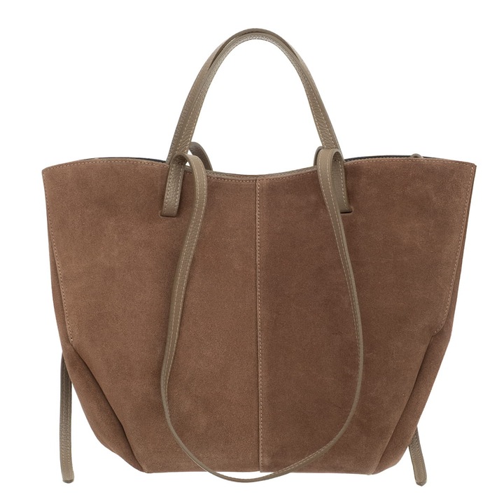 Geanta de dama Vezze din piele intoarsa, maro, model de umar, cu sistem de inchidere fermoar