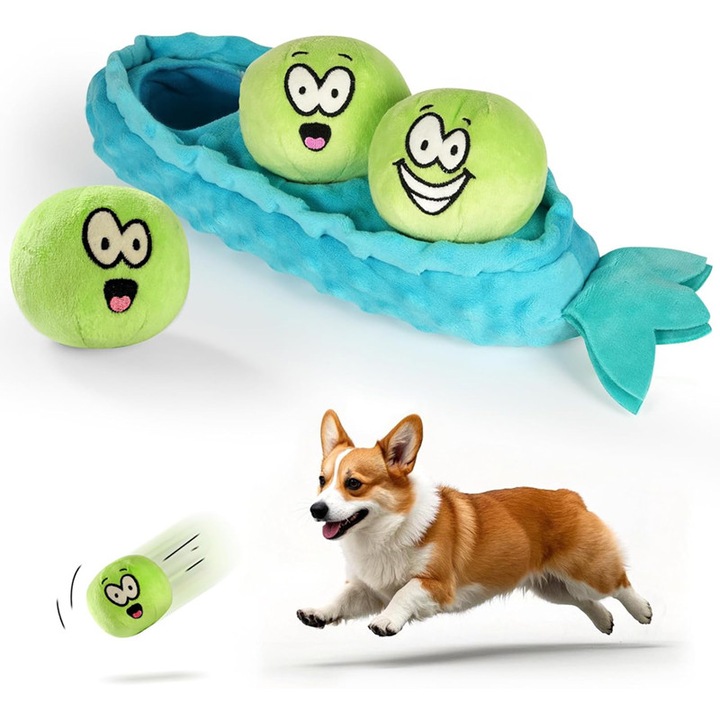 Jucarie de mestecat interactiva pentru caini, BOMSTOM, Pastaie de mazare draguta de plus, cu 3 bile scartaitoare, Cautare si rasplatire, jucarie puzzle，28.5x12x9cm，albastru/verde