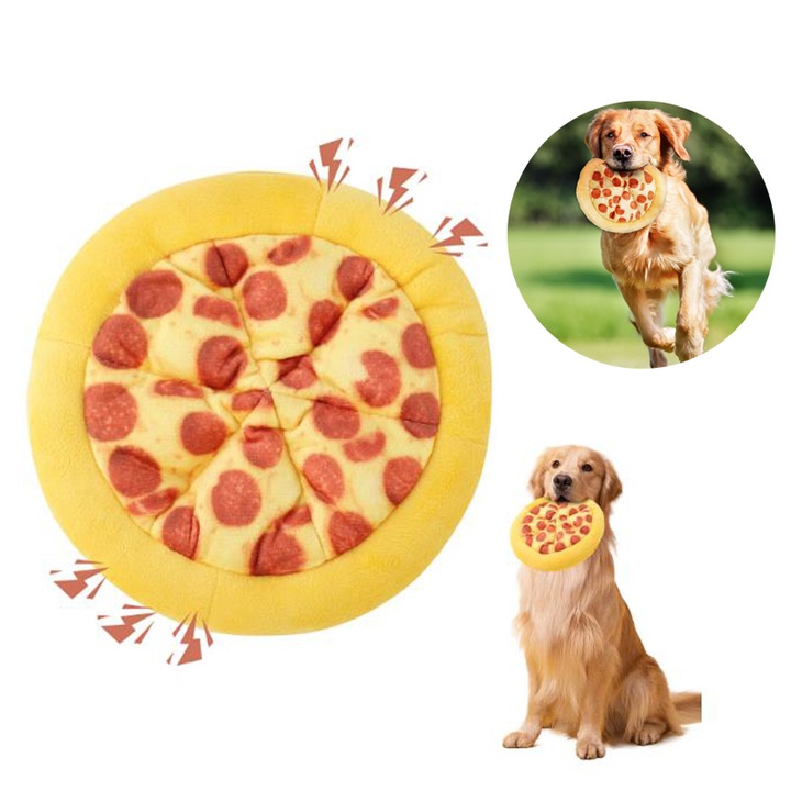 Jucarie Frisbee pentru caini, BOMSTOM, in forma de pizza, 6 sunete, interactiva，rezistenta la rupere, multifunctionala，pentru interior/exterior, 25 cm, multicolora